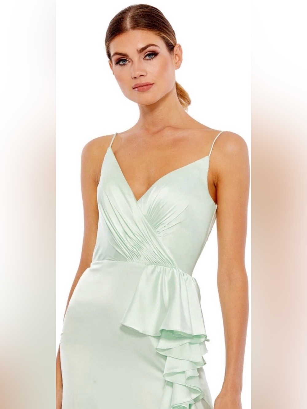 IEENA For Mac Duggal Pistachio Green Ruffle Asymmetrical Satin Eve Gown #67815 - Picture 11 of 13